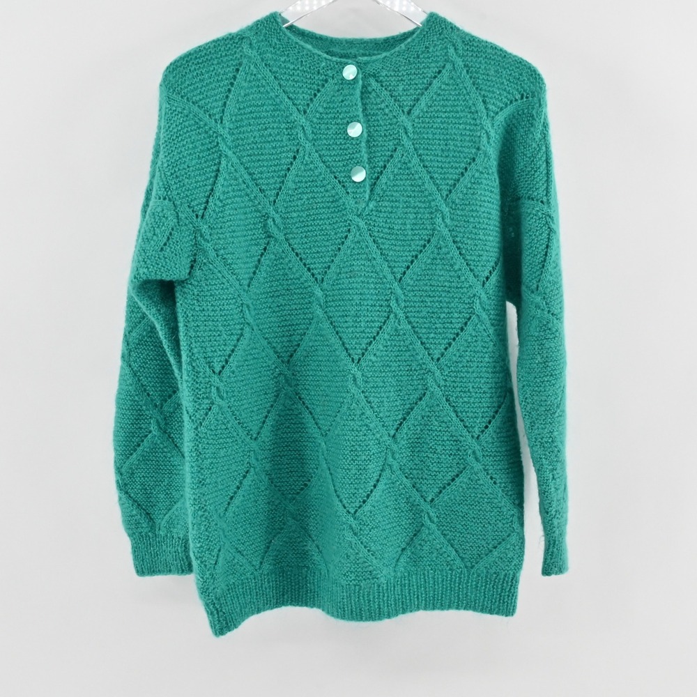 Vintage 70s Womens Handmade‎ Crochet Sweater Size L Green Grandma Diamond Button